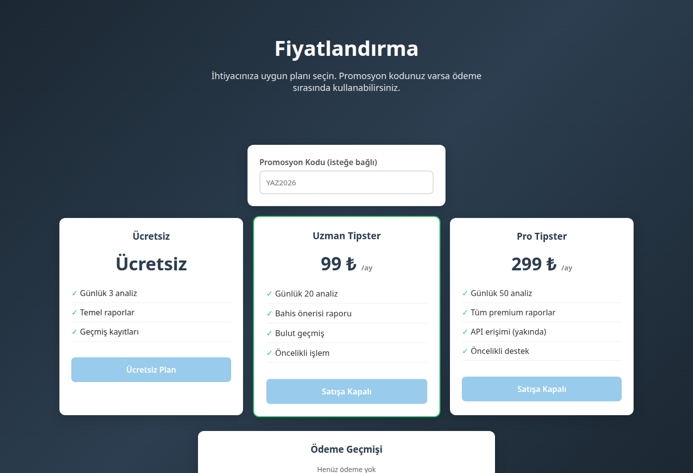 Fiyatlandırma sayfası